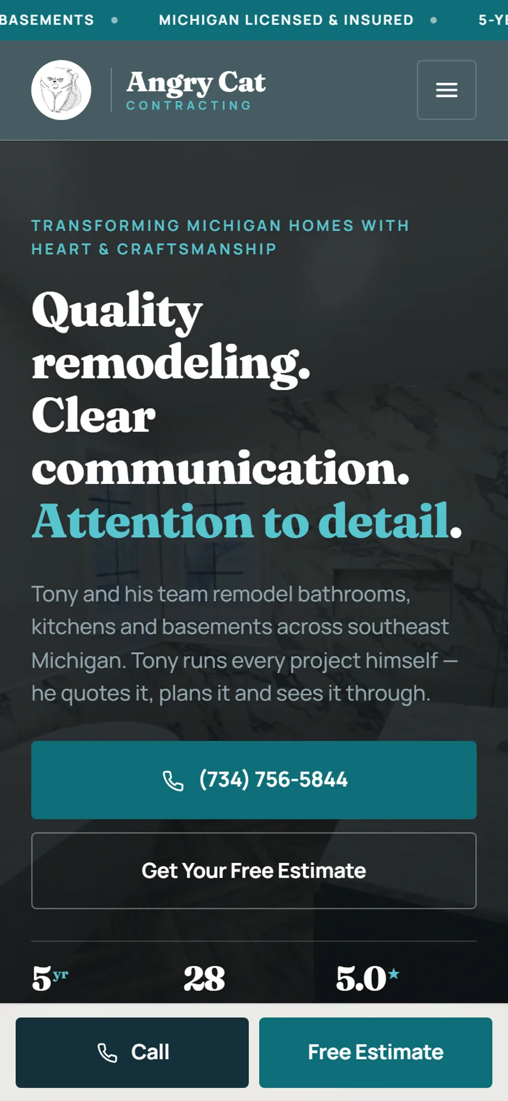Angry Cat Contracting website on a phone
